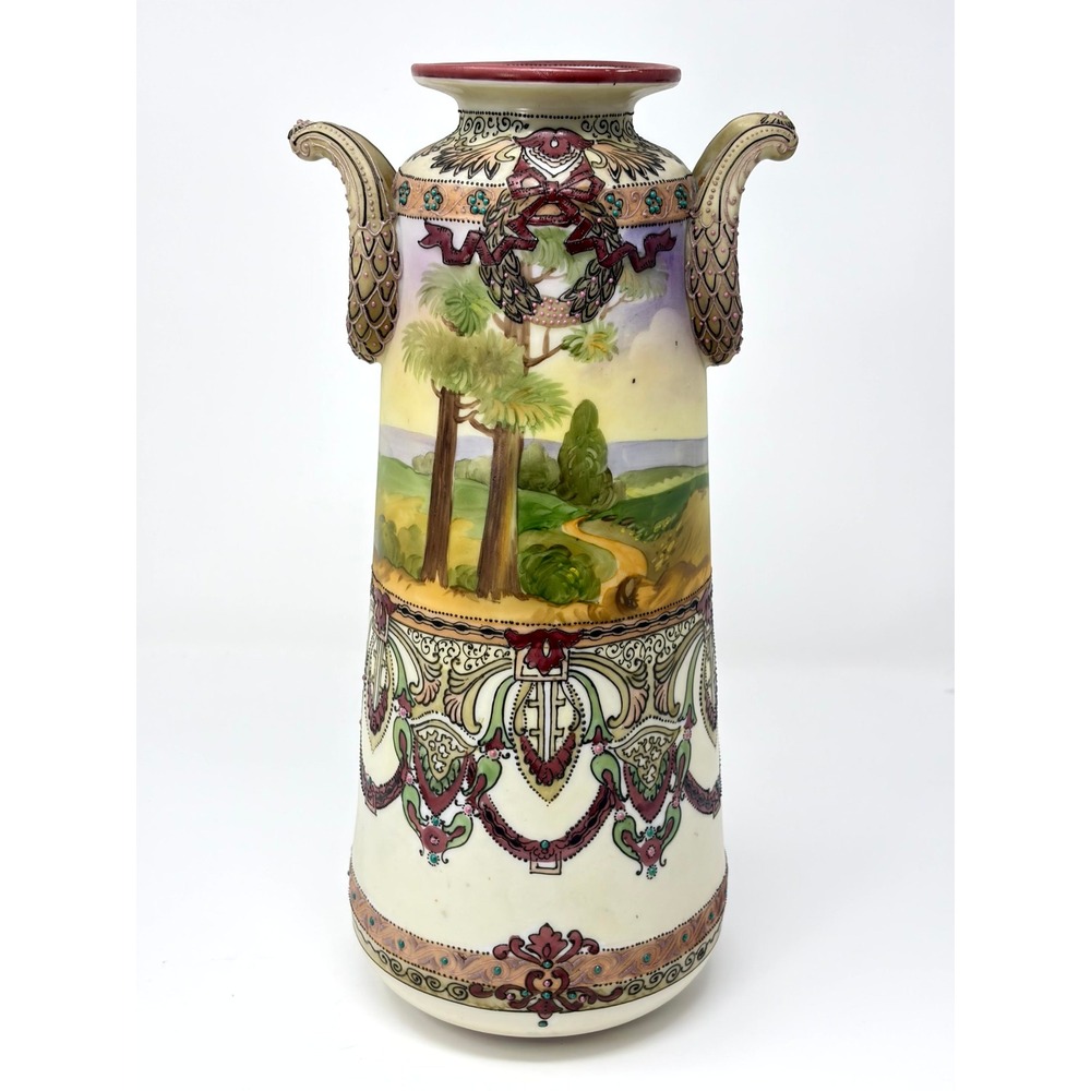 Antique Hand Painted Nippon Moriage Landscape Vase Double Handle 12" Tall